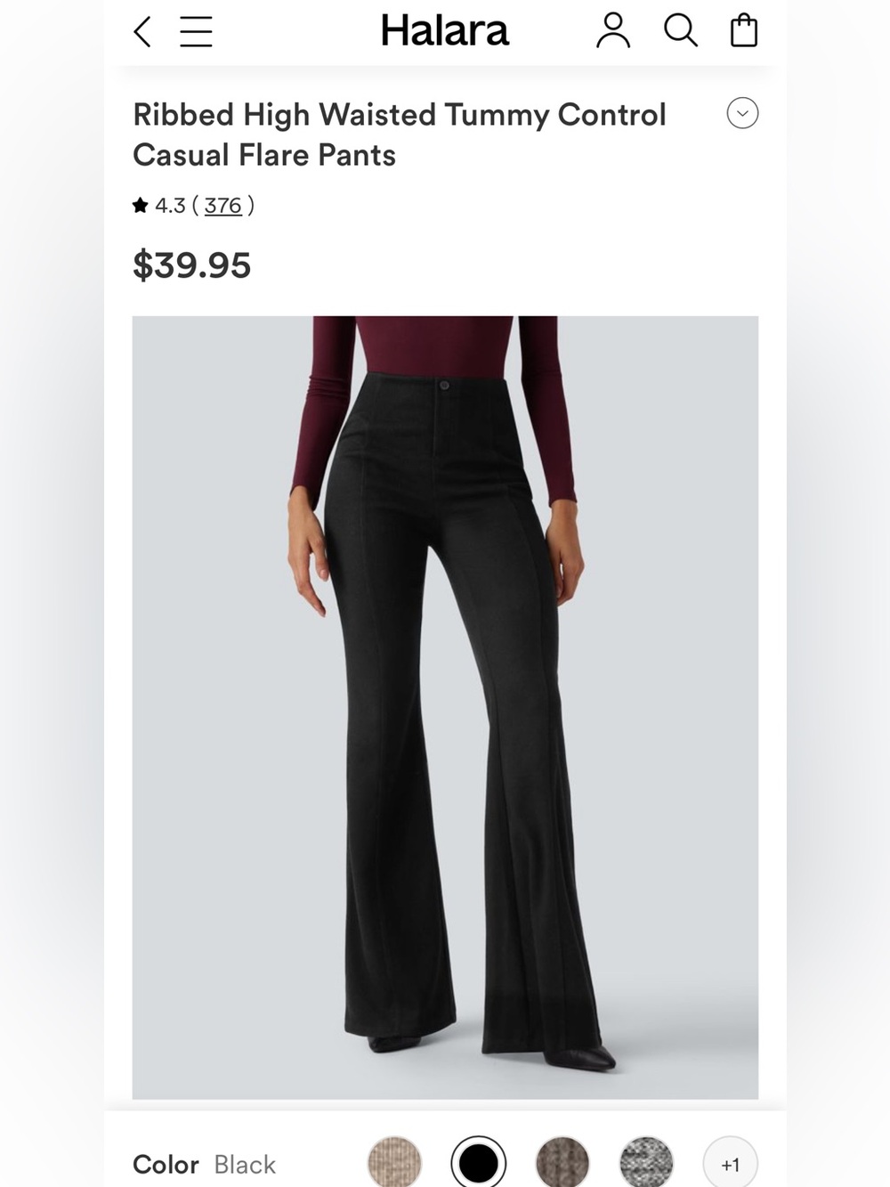HALARA Ribbed High Waisted Tummy Control Casual Flare Pants - Black